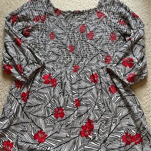 J. Jill Black and White Blouse with Red Floral Design